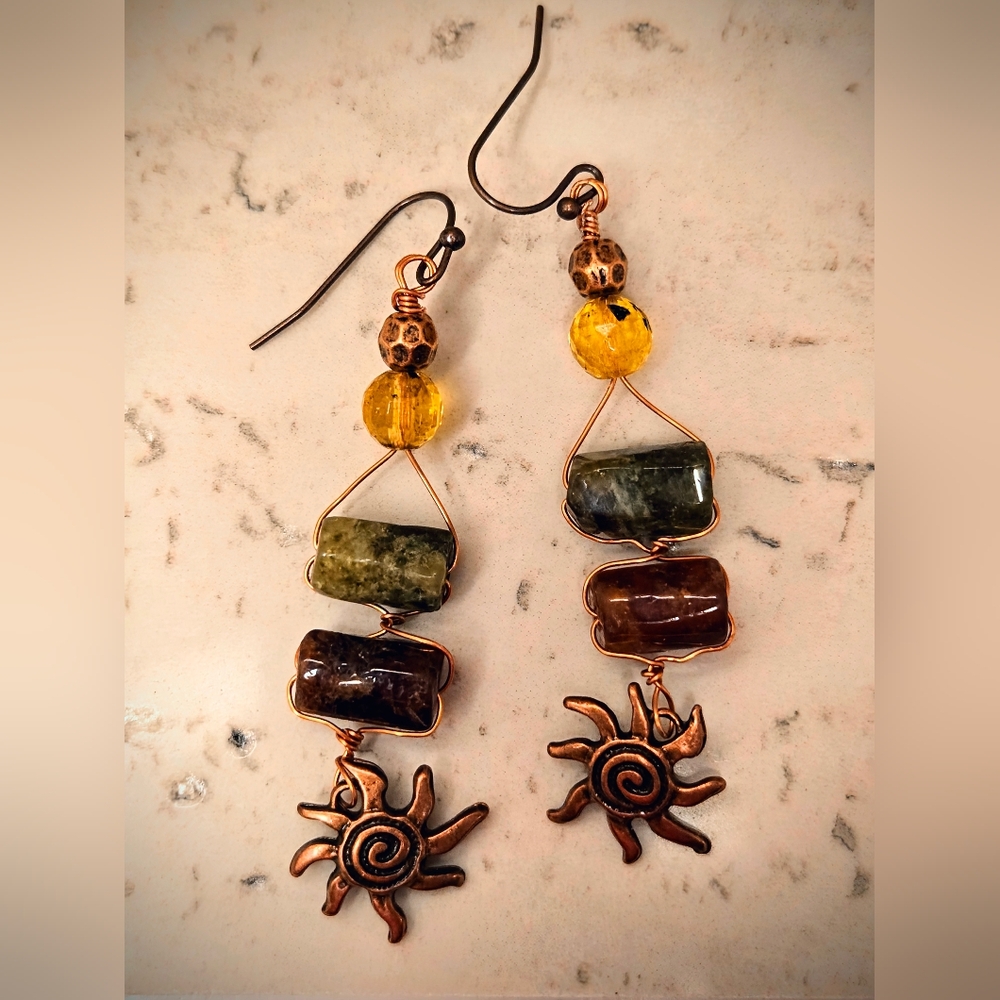 Nile Priestess' Sacred Green & Brown Garnets In Antique Copper Artisan Earrings
